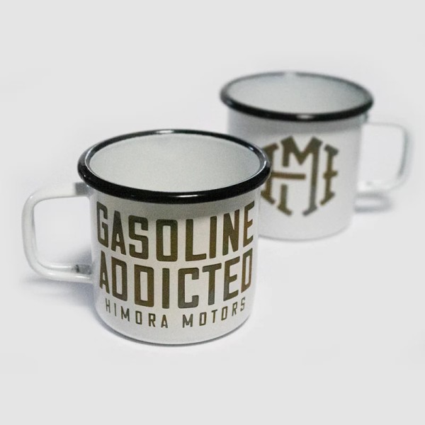 himora-motors-emaille-becher-gasoline-addicted-weiß